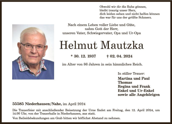 Traueranzeige von Helmut Mautzka von Allgemeine Zeitung Bad Kreuznach