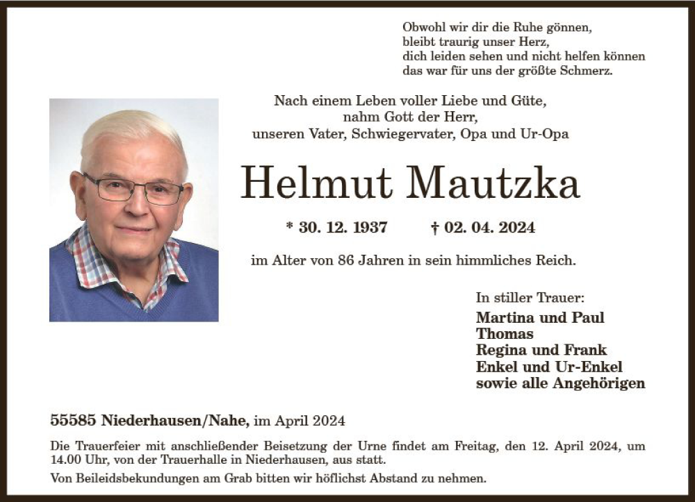  Traueranzeige für Helmut Mautzka vom 06.04.2024 aus Allgemeine Zeitung Bad Kreuznach