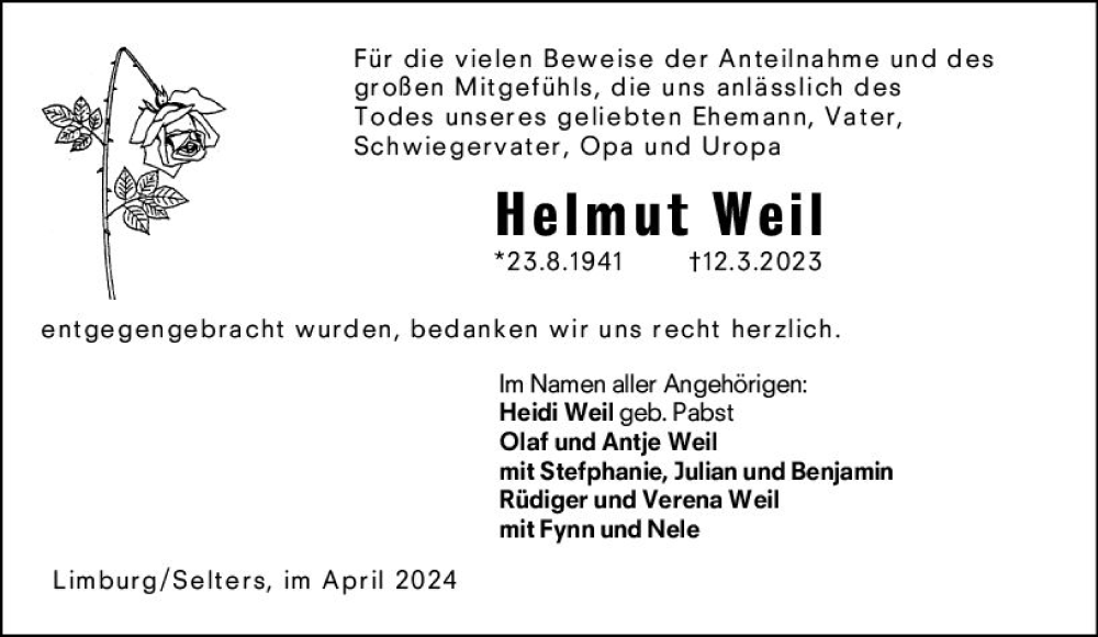  Traueranzeige für Helmut Weil vom 18.04.2024 aus Camberger Anzeiger