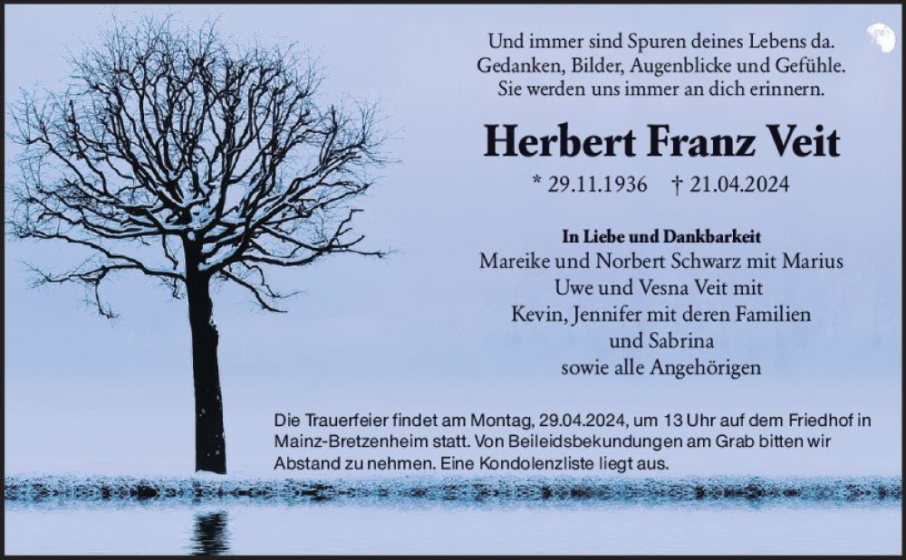  Traueranzeige für Herbert Franz Veit vom 27.04.2024 aus Allgemeine Zeitung Mainz