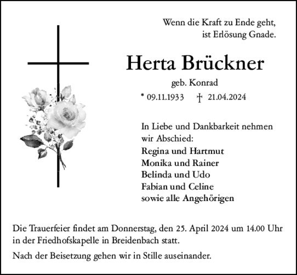  Traueranzeige für Herta Brückner vom 23.04.2024 aus Hinterländer Anzeiger