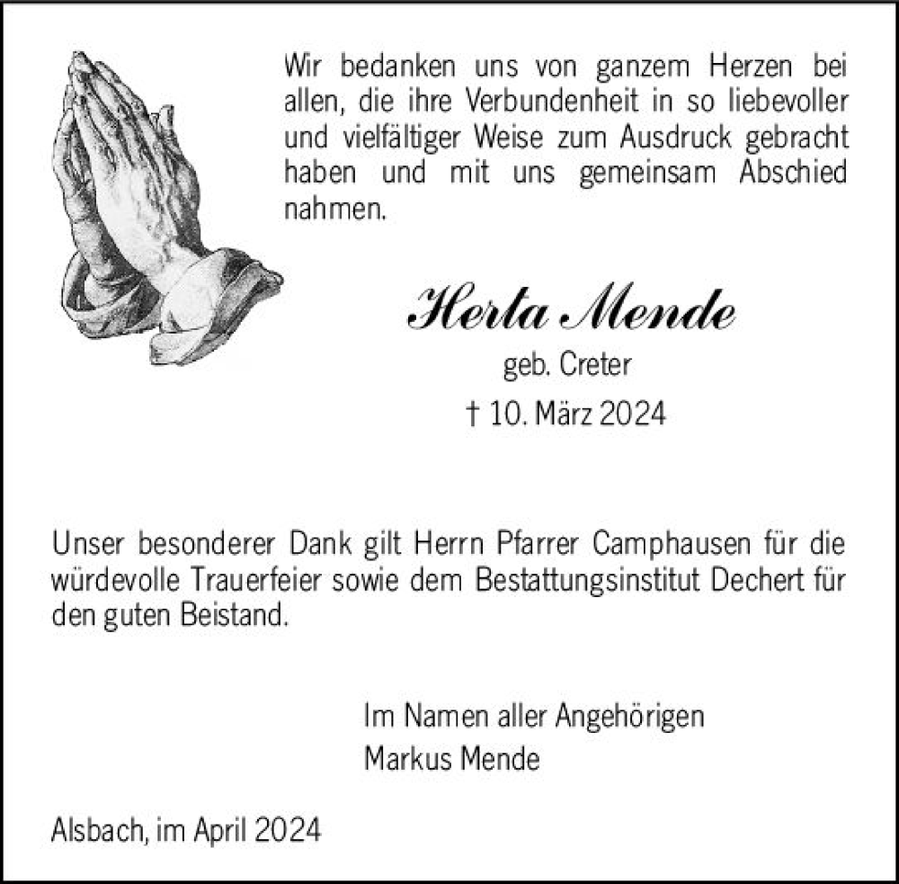  Traueranzeige für Herta Mende vom 06.04.2024 aus Darmstädter Echo