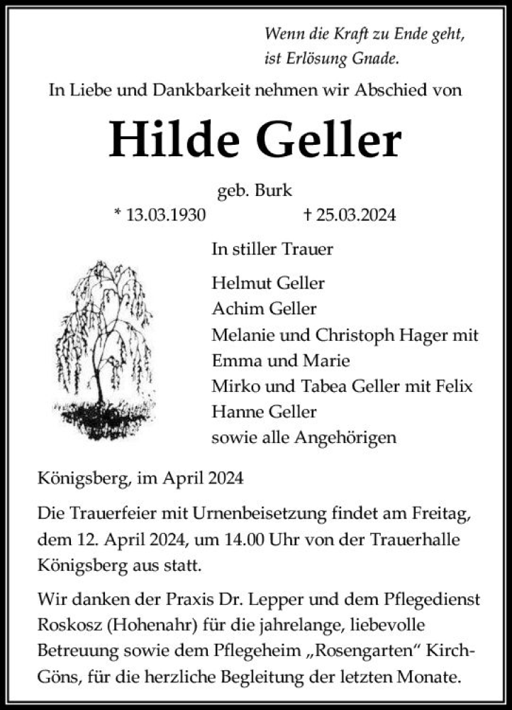  Traueranzeige für Hilde Geller vom 06.04.2024 aus Wetzlarer Neue Zeitung