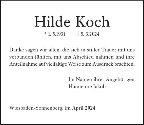 Traueranzeige von Hilde Koch von Wiesbadener Kurier