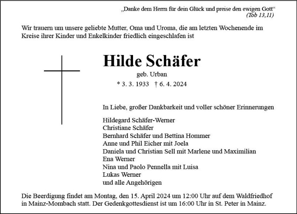  Traueranzeige für Hilde Schäfer vom 13.04.2024 aus Allgemeine Zeitung Mainz