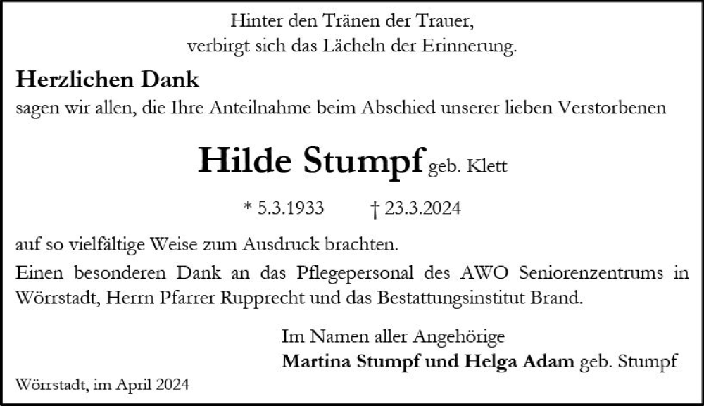  Traueranzeige für Hilde Stumpf vom 27.04.2024 aus Allgemeine Zeitung Alzey