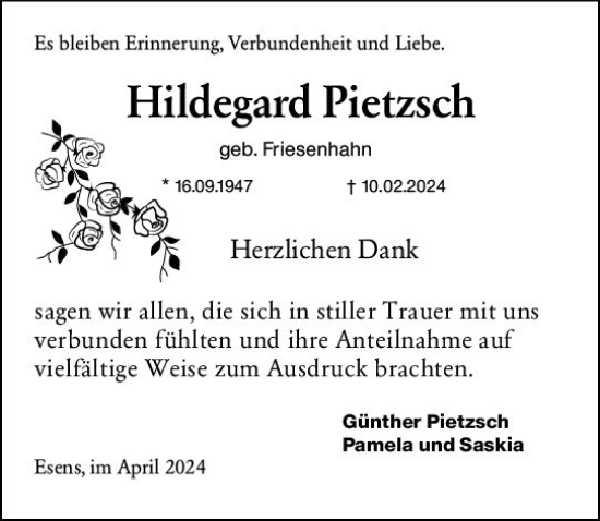 Traueranzeige von Hildegard Pietzsch von Allgemeine Zeitung Mainz