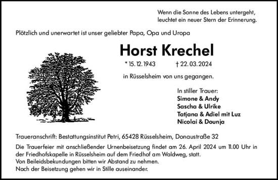 Traueranzeige von Horst Krechel von Rüsselsheimer Echo