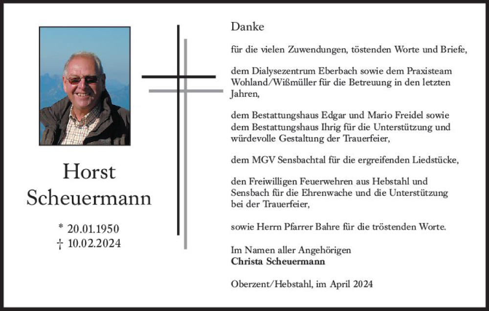  Traueranzeige für Horst Scheuermann vom 06.04.2024 aus Odenwälder Echo