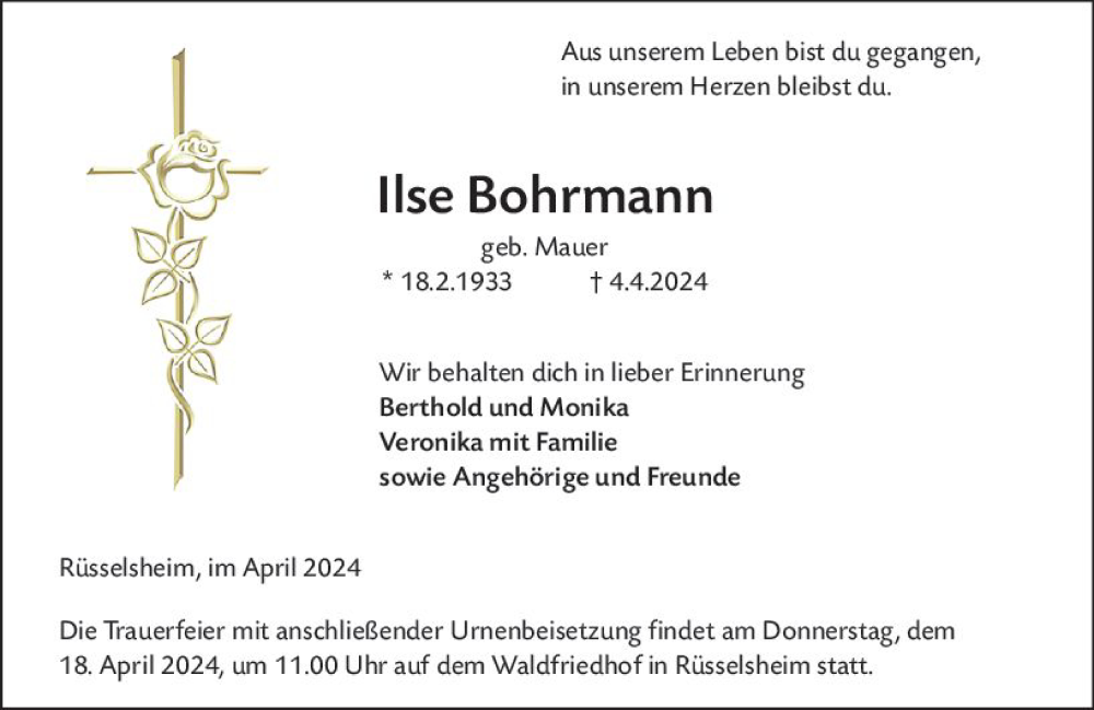  Traueranzeige für Ilse Bohrmann vom 13.04.2024 aus Rüsselsheimer Echo