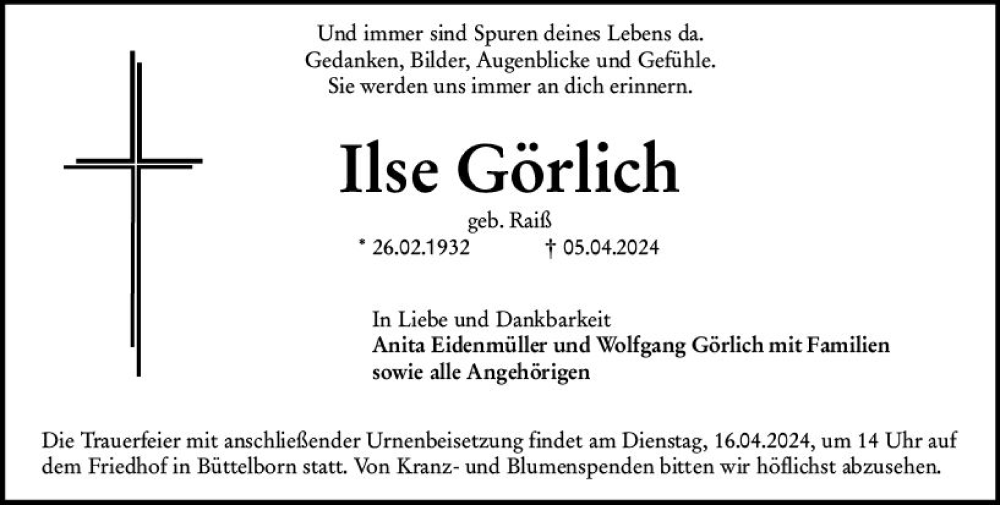  Traueranzeige für Ilse Görlich vom 13.04.2024 aus Groß-Gerauer Echo