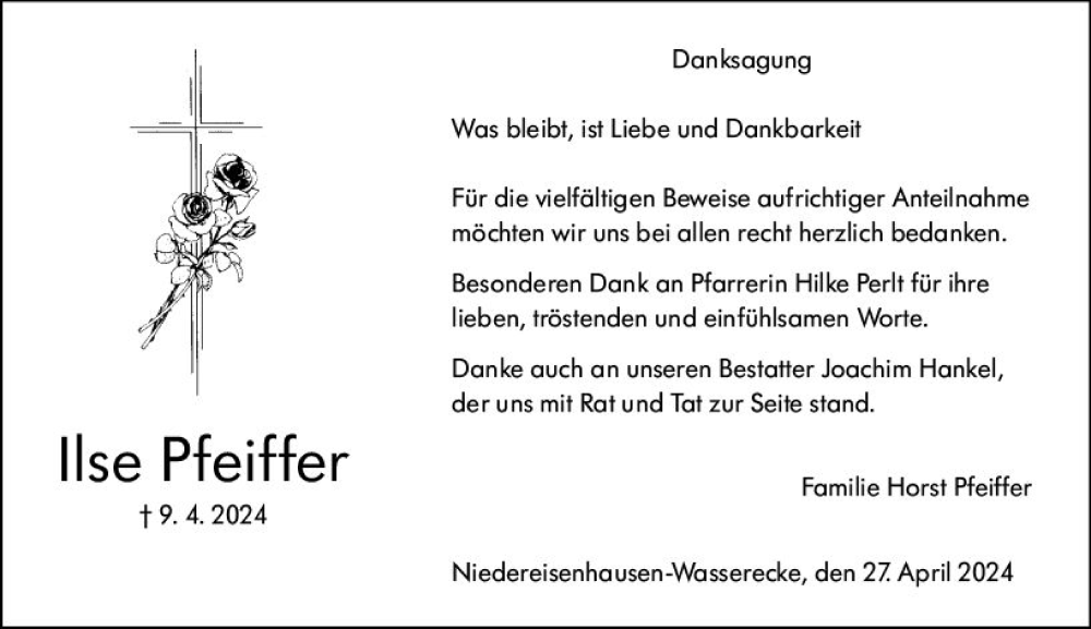  Traueranzeige für Ilse Pfeiffer vom 27.04.2024 aus Hinterländer Anzeiger