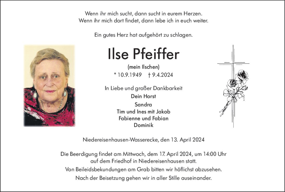  Traueranzeige für Ilse Pfeiffer vom 13.04.2024 aus Hinterländer Anzeiger