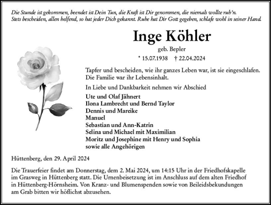 Traueranzeige von Inge Köhler von Wetzlarer Neue Zeitung