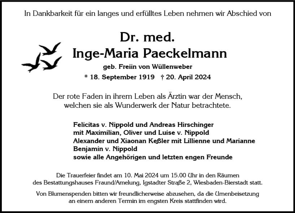  Traueranzeige für Inge-Maria Paeckelmann vom 27.04.2024 aus Wiesbadener Kurier