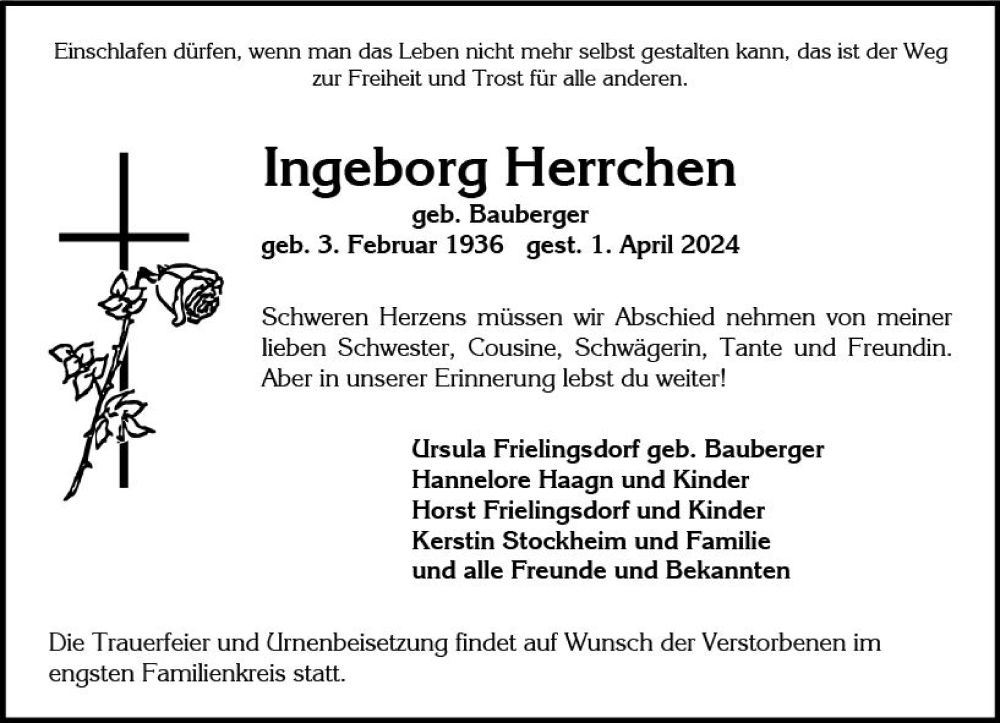  Traueranzeige für Ingeborg Herrchen vom 06.04.2024 aus Wiesbadener Kurier