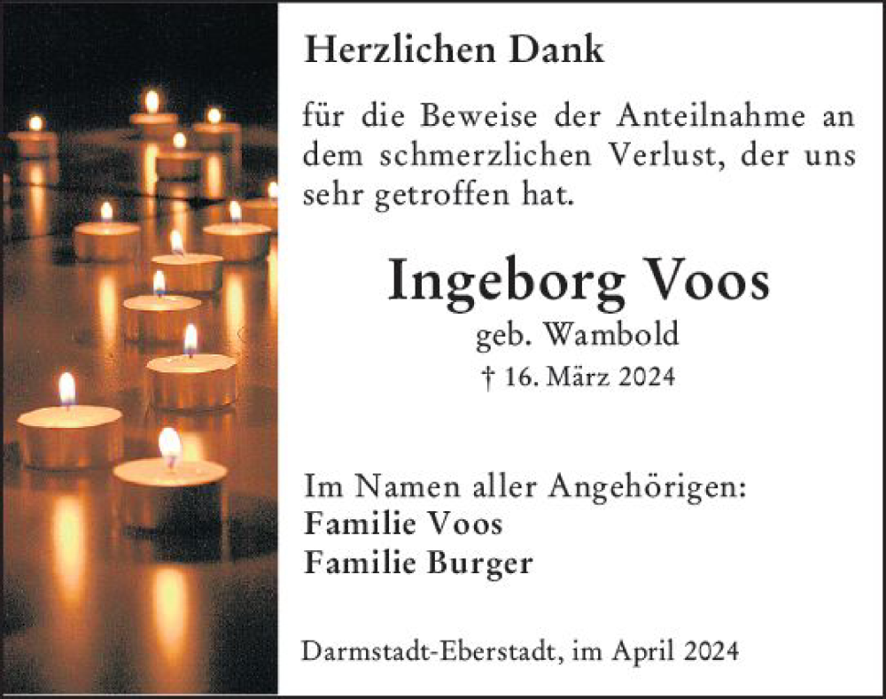  Traueranzeige für Ingeborg Voos vom 06.04.2024 aus Darmstädter Echo