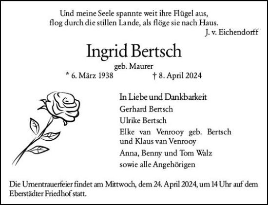 Traueranzeige von Ingrid Bertsch von Darmstädter Echo