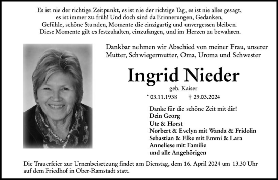 Traueranzeige von Ingrid Nieder von Darmstädter Echo