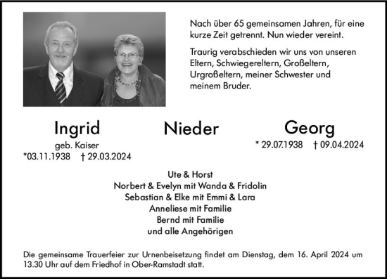 Traueranzeige von Ingrid Nieder von Darmstädter Echo
