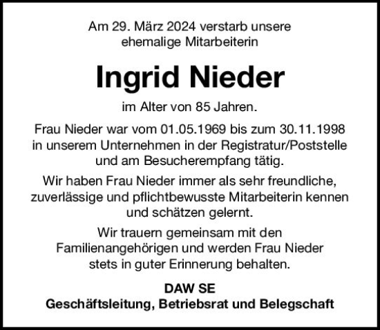 Traueranzeige von Ingrid Nieder von Darmstädter Echo