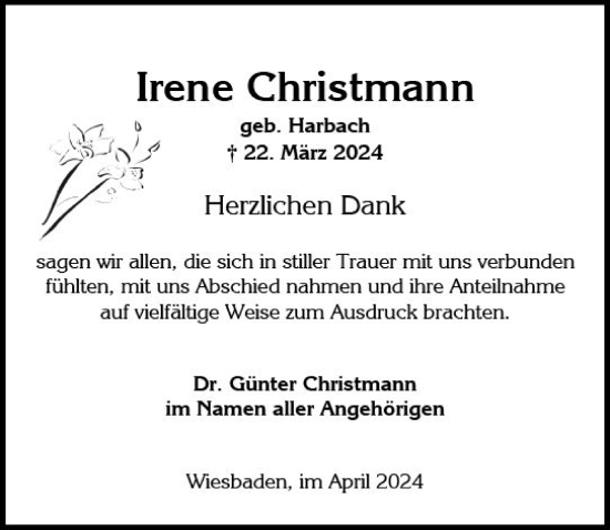 Traueranzeige von Irene Christmann von Wiesbadener Kurier