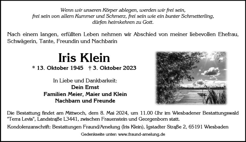  Traueranzeige für Iris Klein vom 20.04.2024 aus Wiesbadener Kurier