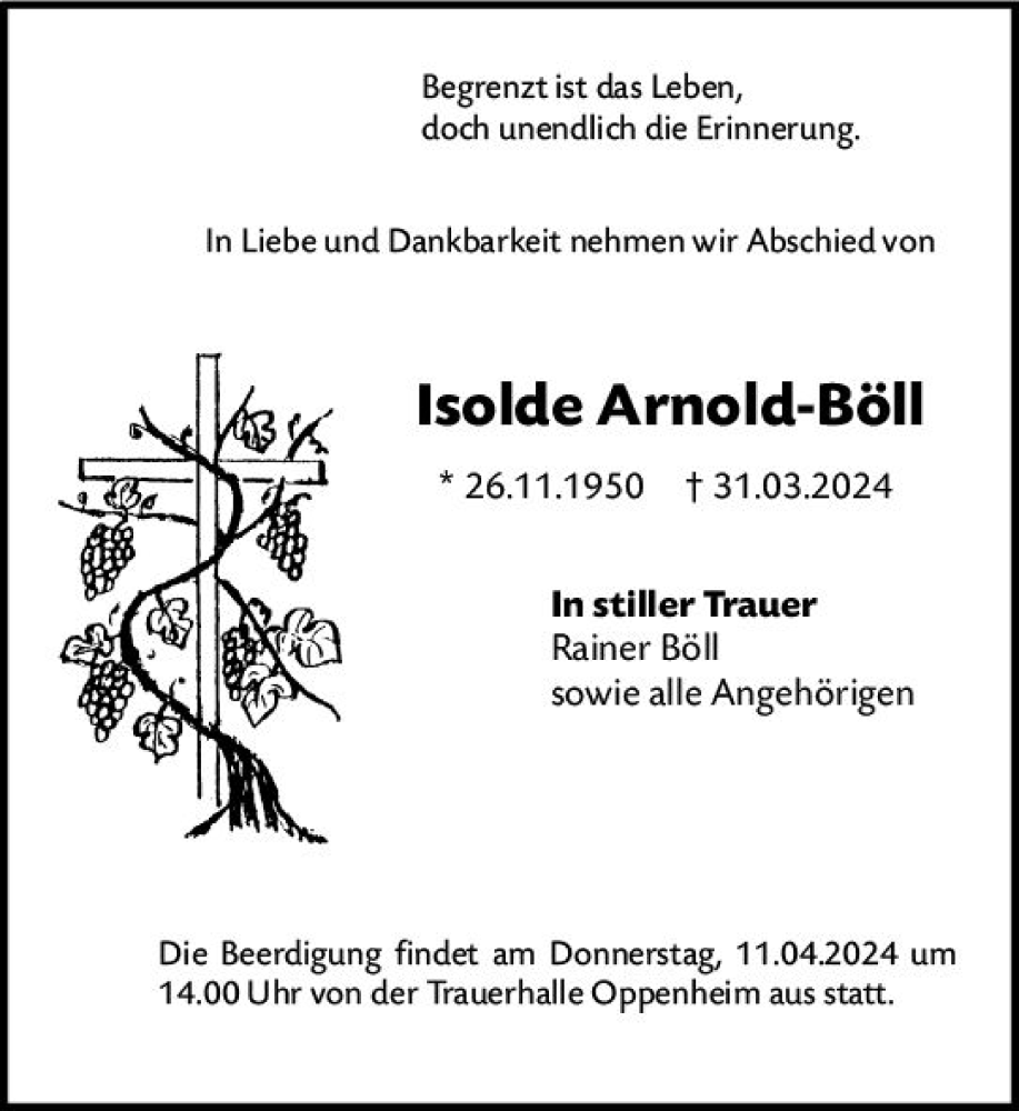  Traueranzeige für Isolde Arnold-Böll vom 06.04.2024 aus Allgemeine Zeitung Mainz