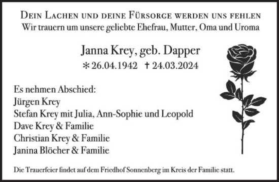 Traueranzeige von Janna Krey von Wiesbadener Kurier