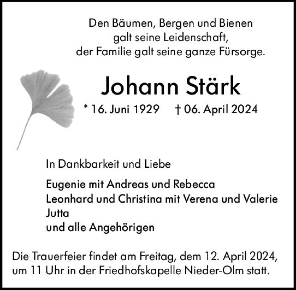  Traueranzeige für Johann Stärk vom 11.04.2024 aus Allgemeine Zeitung Mainz