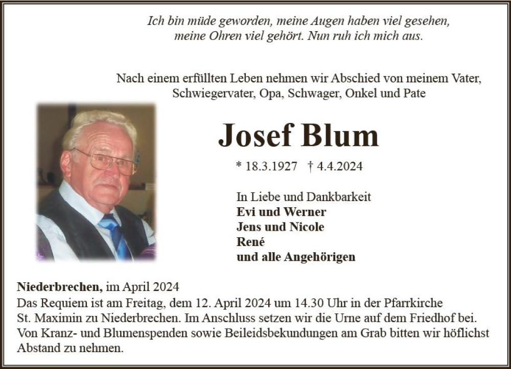  Traueranzeige für Josef Blum vom 11.04.2024 aus Camberger Anzeiger