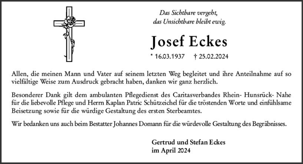  Traueranzeige für Josef Eckes vom 06.04.2024 aus Allgemeine Zeitung Bad Kreuznach