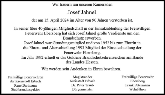 Traueranzeige von Josef Jahnel von Odenwälder Echo