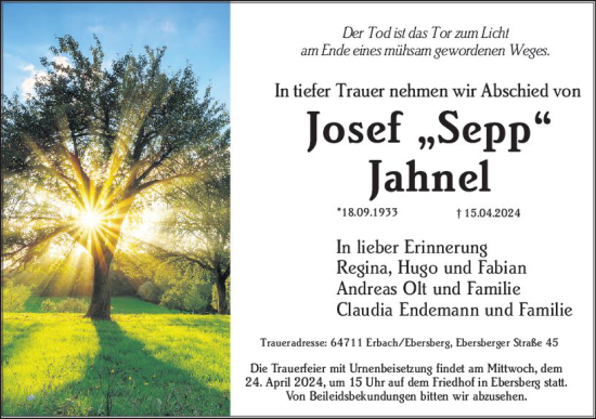 Traueranzeige von Josef Jahnel von Odenwälder Echo