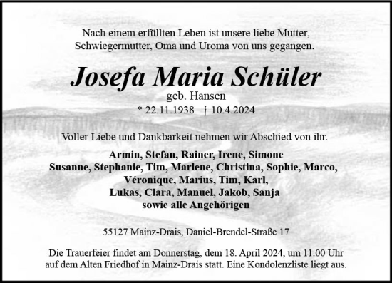 Traueranzeige von Josefa Maria Schüler von Allgemeine Zeitung Mainz