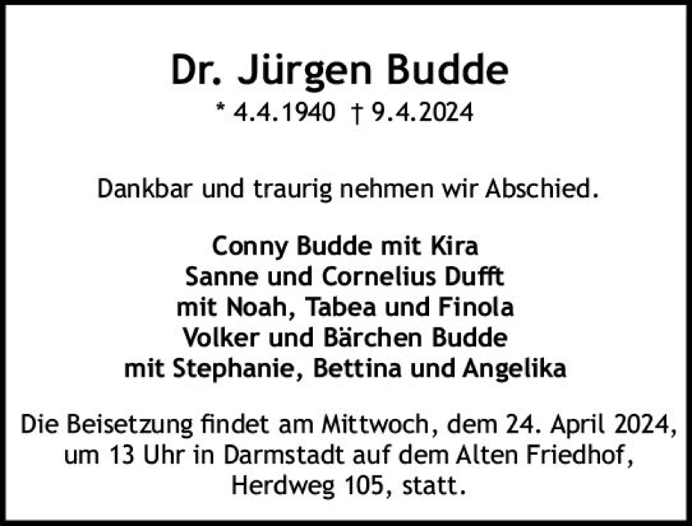  Traueranzeige für Jürgen Budde vom 20.04.2024 aus Darmstädter Echo