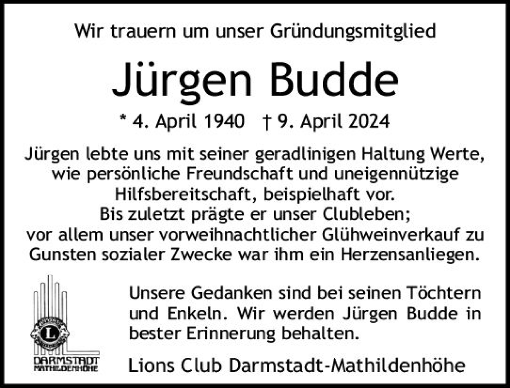  Traueranzeige für Jürgen Budde vom 20.04.2024 aus Darmstädter Echo