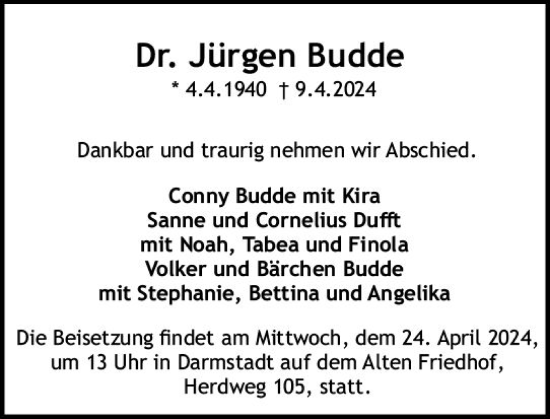 Traueranzeige von Jürgen Budde von Darmstädter Echo