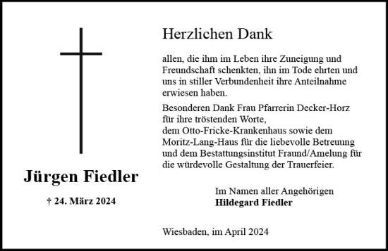 Traueranzeige von Jürgen Fiedler von Wiesbadener Kurier