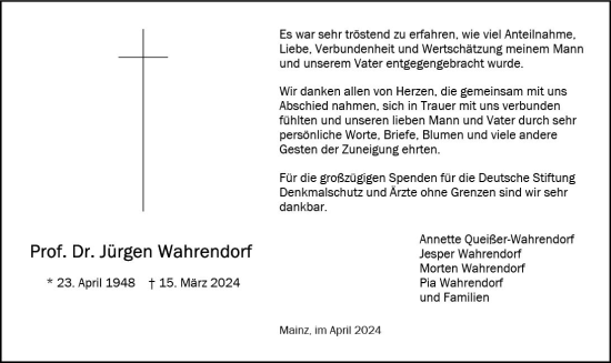 Traueranzeige von Jürgen Wahrendorf von Allgemeine Zeitung Bingen/Ingelheim