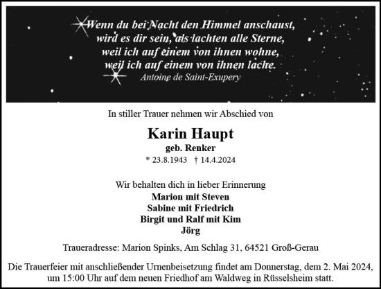 Traueranzeige von Karin Haupt von Rüsselsheimer Echo
