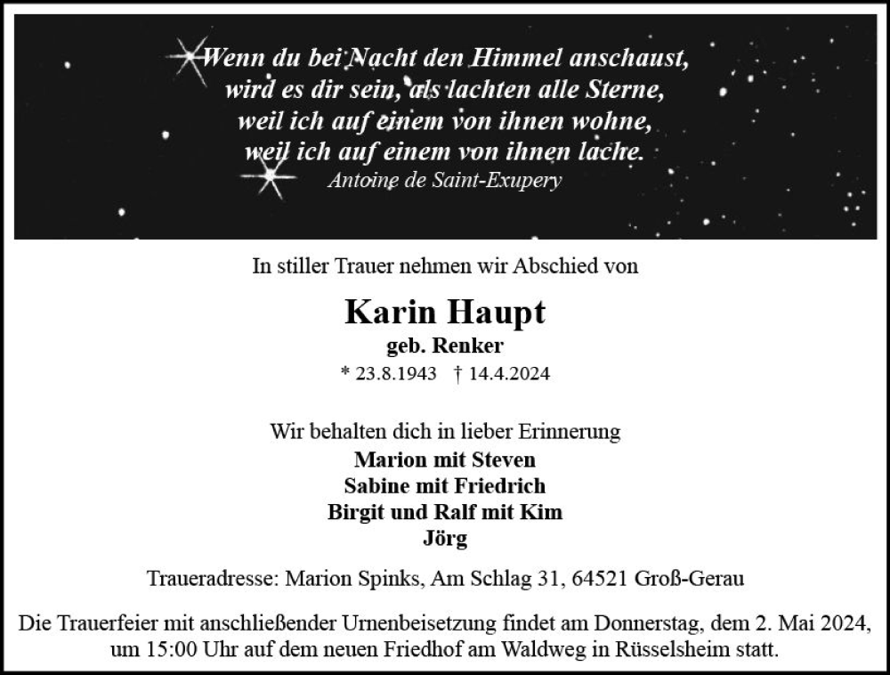  Traueranzeige für Karin Haupt vom 27.04.2024 aus Rüsselsheimer Echo