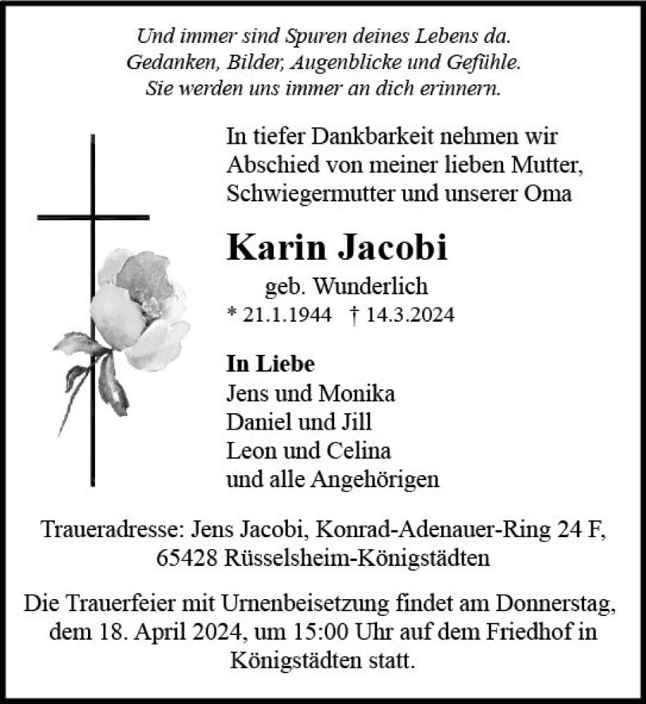  Traueranzeige für Karin Jacobi vom 13.04.2024 aus Rüsselsheimer Echo