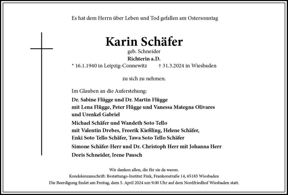  Traueranzeige für Karin Schäfer vom 03.04.2024 aus Wiesbadener Kurier