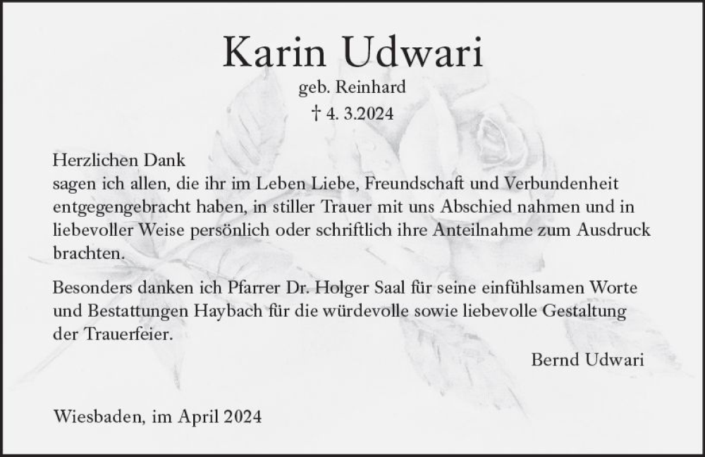  Traueranzeige für Karin Udwari vom 13.04.2024 aus Wiesbadener Kurier