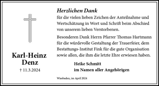 Traueranzeige von Karl-Heinz Denz von Wiesbadener Kurier
