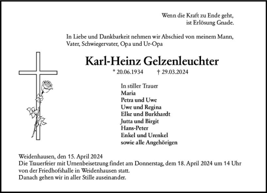Traueranzeige von Karl-Heinz Gelzenleuchter von Hinterländer Anzeiger
