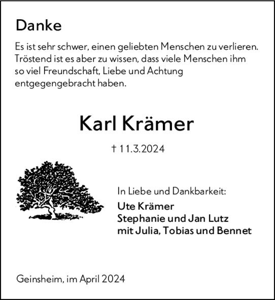  Traueranzeige für Karl Krämer vom 12.04.2024 aus Groß-Gerauer Echo