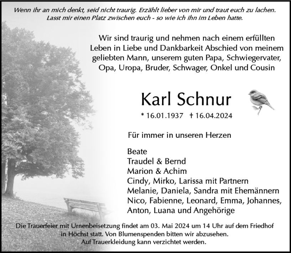  Traueranzeige für Karl Schnur vom 27.04.2024 aus Odenwälder Echo