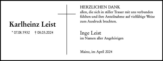 Traueranzeige von Karlheinz Leist von Allgemeine Zeitung Mainz